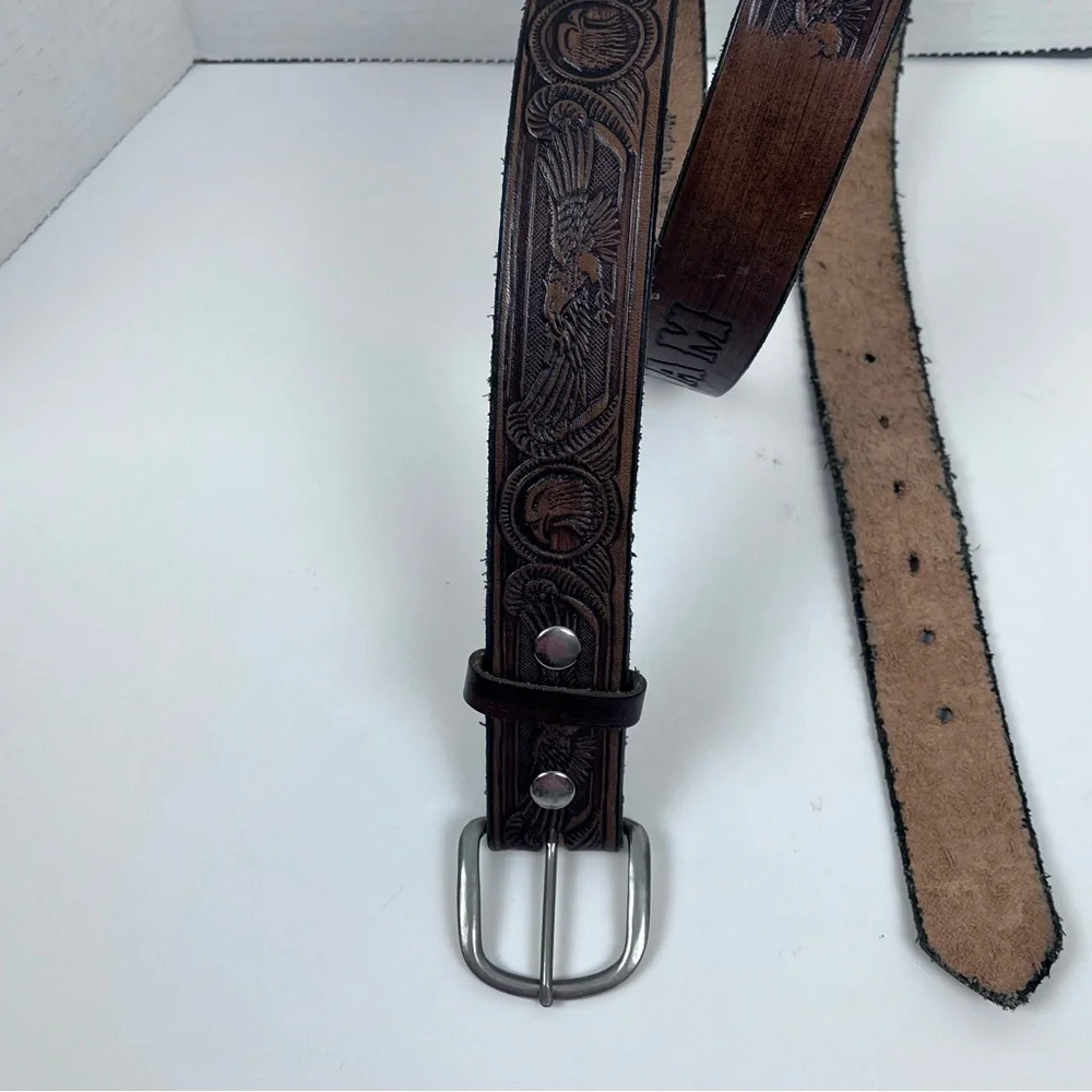 Men's Genuine Leather Hand Tooled & Embossed Eagle Themed Brown Belt Size 42